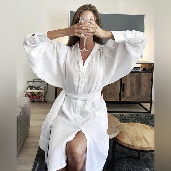 Johanna Ortiz H&M White Linen Shirt Dress Button Up Womens M Minimalist Pockets - Picture 16 of 16